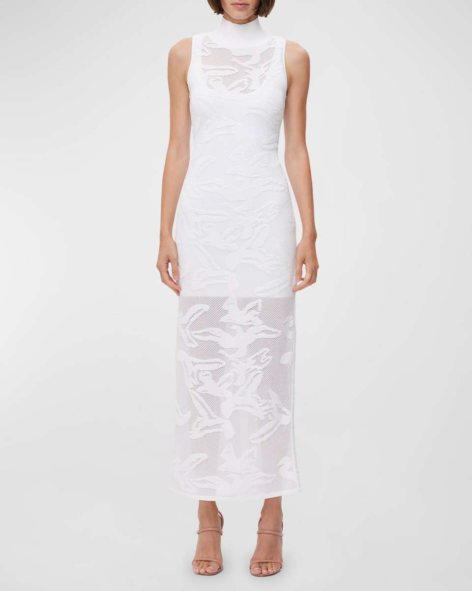 Turtleneck Sheer Jacquard Sleeveless Gown